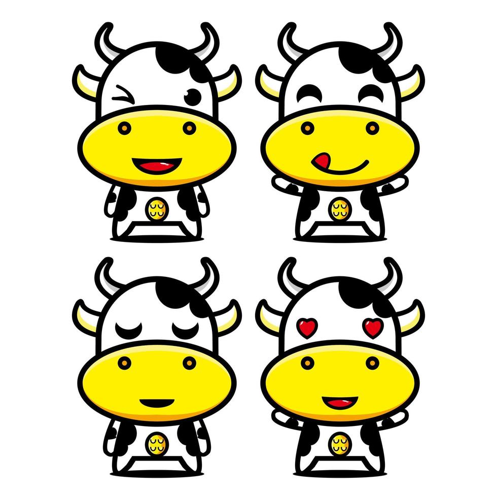 conjunto de colección de lindo personaje de diseño de mascota de vaca. Aislado en un fondo blanco. concepto de paquete de idea de logotipo de mascota de personaje lindo vector