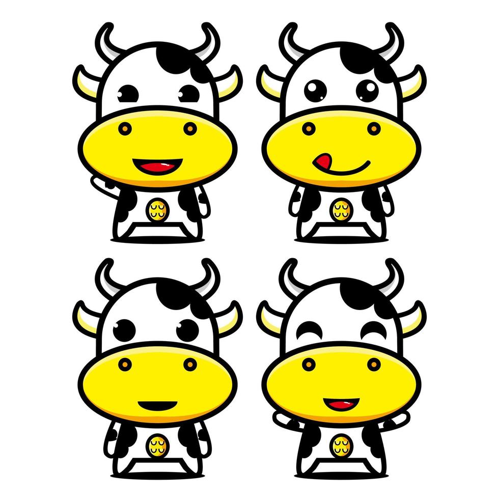 Set collection of cute cow mascot design character. Isolated on a white background. Cute character mascot logo idea bundle concept vector