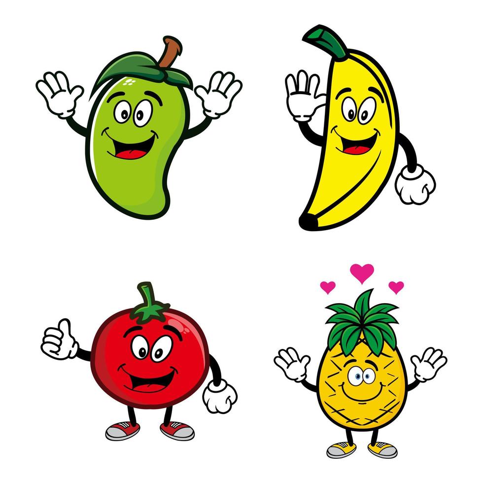 establecer una colección de lindos personajes de diseño de mascotas de frutas. Aislado en un fondo blanco. concepto de paquete de idea de logotipo de mascota de personaje lindo. mango, plátano, piña, tomate vector