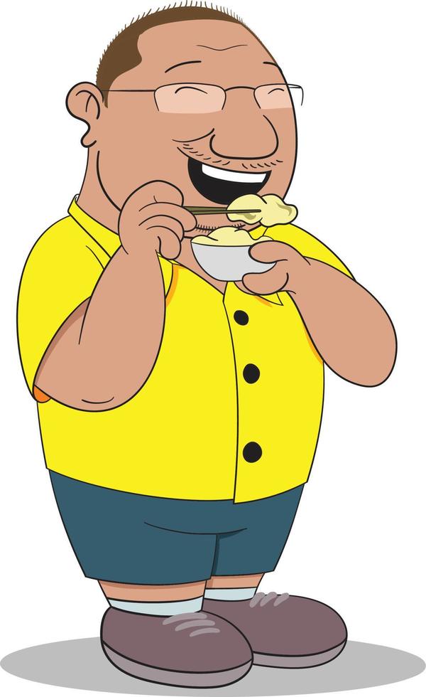 Big fat foodie guy enjoying food with Chopsticks. Fat Man wearing shirt shorts and shoes. Cute and friendly guy. vector