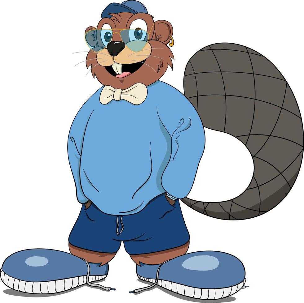 Cool Hip Anthropomorphized Beaver Mascot character doing thumbs up gesture. vector