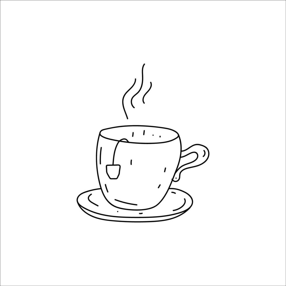 A Cup of hot tea with a tea bag. Doodle element. Simple vector sketch illustration isolated on a white background.