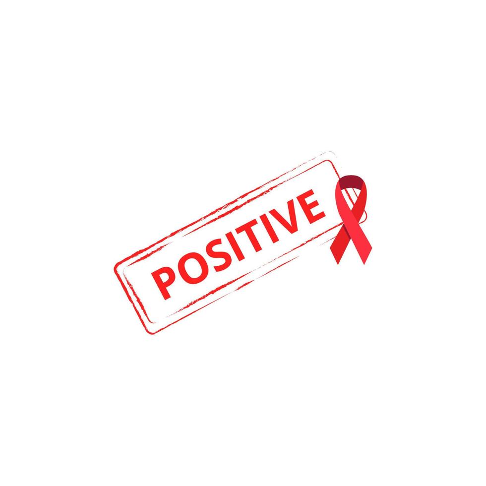 HIV virus stamp and red ribbon. Positive diagnosis of acquired immunodeficiency syndrome. The symbol of the world day of fight against AIDS. Vector illustration isolated on a white background.