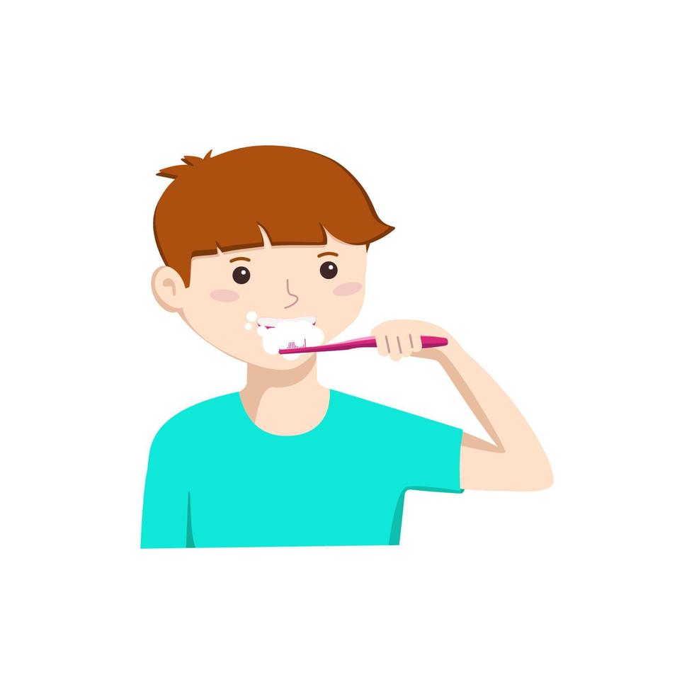 Happy cute boy brushing his teeth. Oral hygiene. Vector illustration in a flat style isolated on a white background.