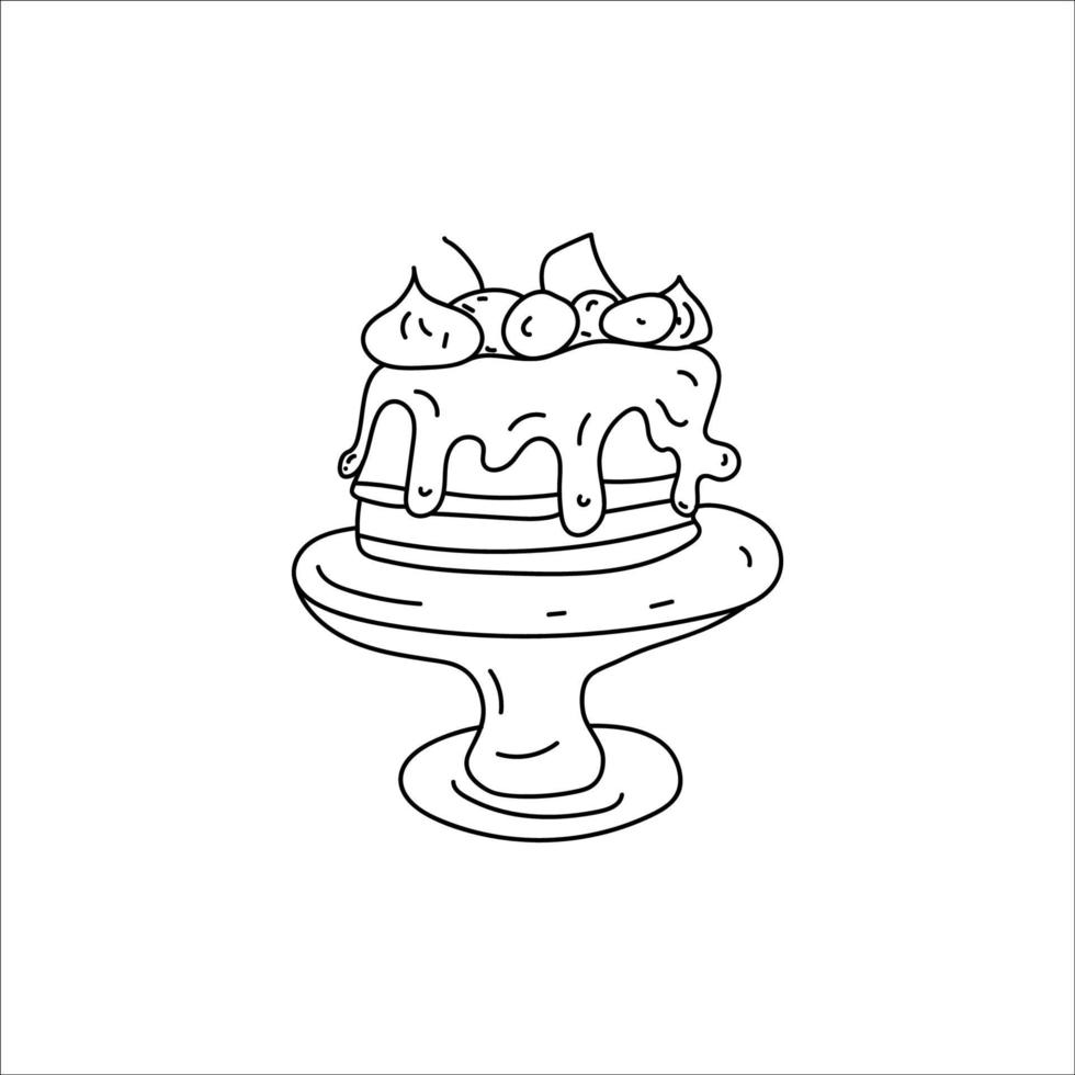Cake on a platter. Doodle element. Simple vector sketch illustration isolated on a white background.