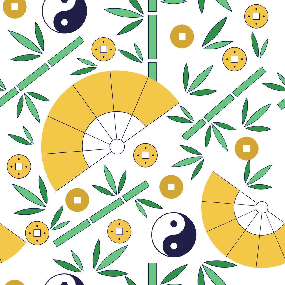 patrón transparente de vector chino. fondo elegante con elementos chinos y asiáticos. abanico amarillo, bambú verde, yin-yang y monedas chinas. para su diseño, invitaciones, papel de embalaje, textiles.