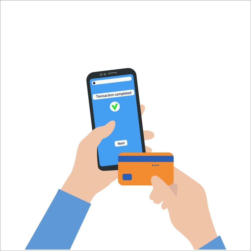 Money transaction online concept. Mobile payments using a smartphone. Hands hold a mobile phone and Bank card. Vector illustration in a trendy flat style isolated on a white background.