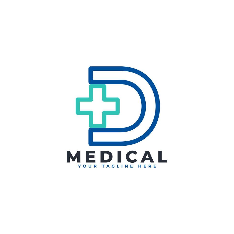 letra d cruz más logotipo. estilo lineal. utilizable para logotipos comerciales, científicos, sanitarios, médicos, hospitalarios y naturales. vector