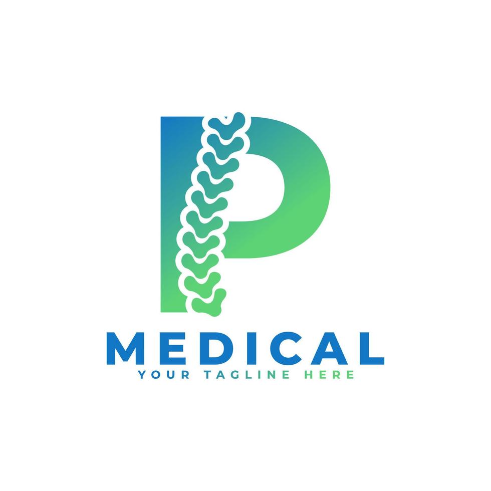 letra p con el logotipo de la columna vertebral del icono. utilizable para logotipos comerciales, científicos, sanitarios, médicos, hospitalarios y naturales. vector