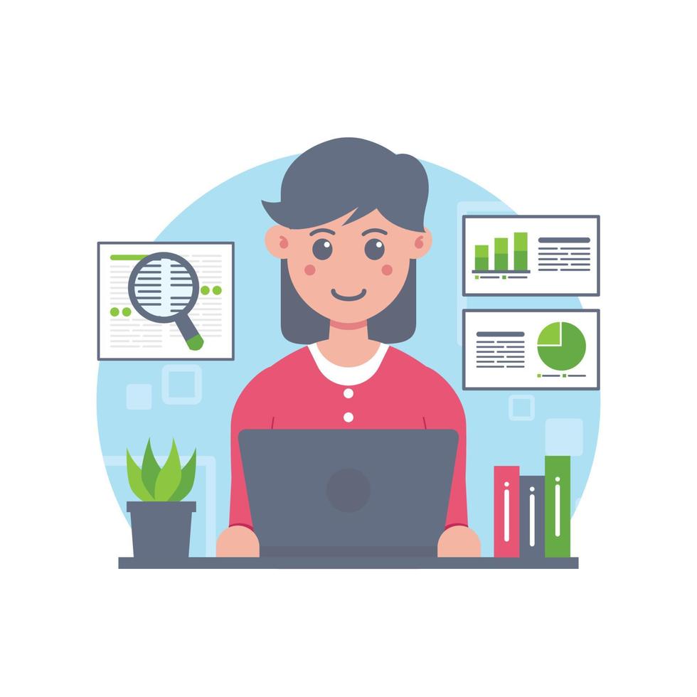 Woman with laptop analyzing data vector
