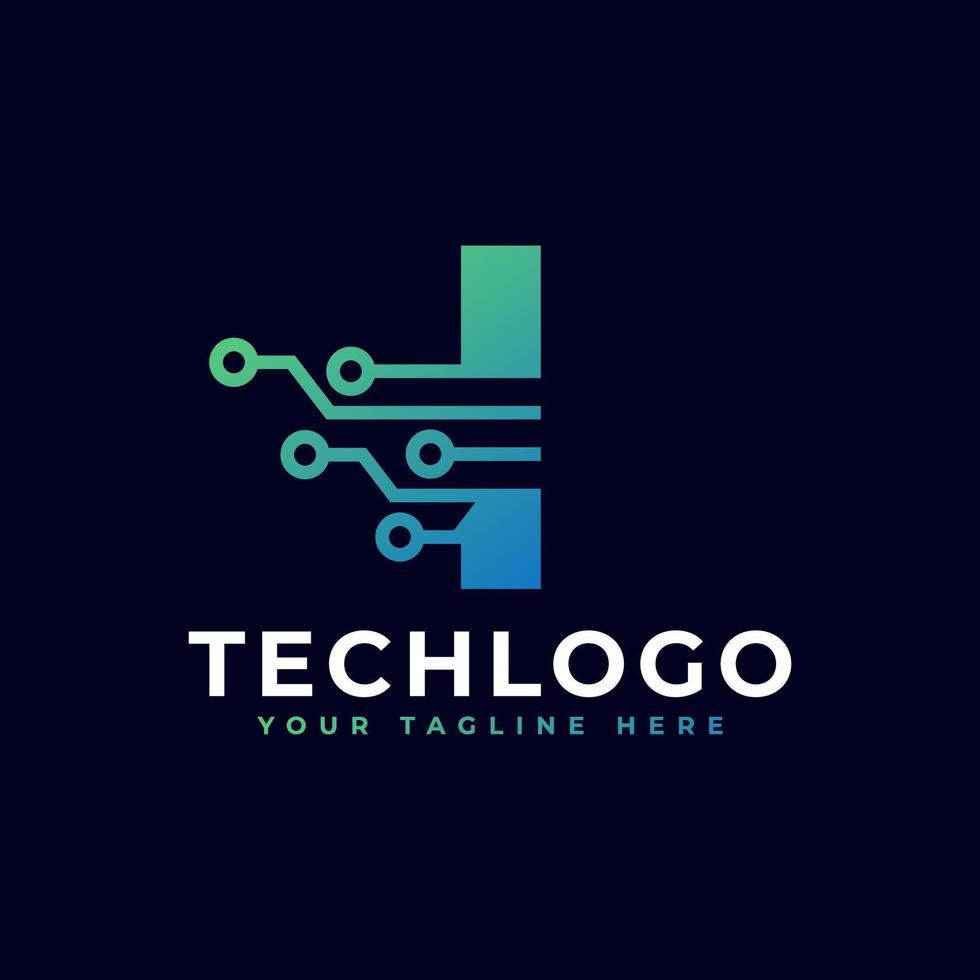 logotipo de la letra i de tecnología. plantilla de logotipo vectorial futurista con color degradado verde y azul. forma geometrica. utilizable para logotipos de negocios y tecnología. vector