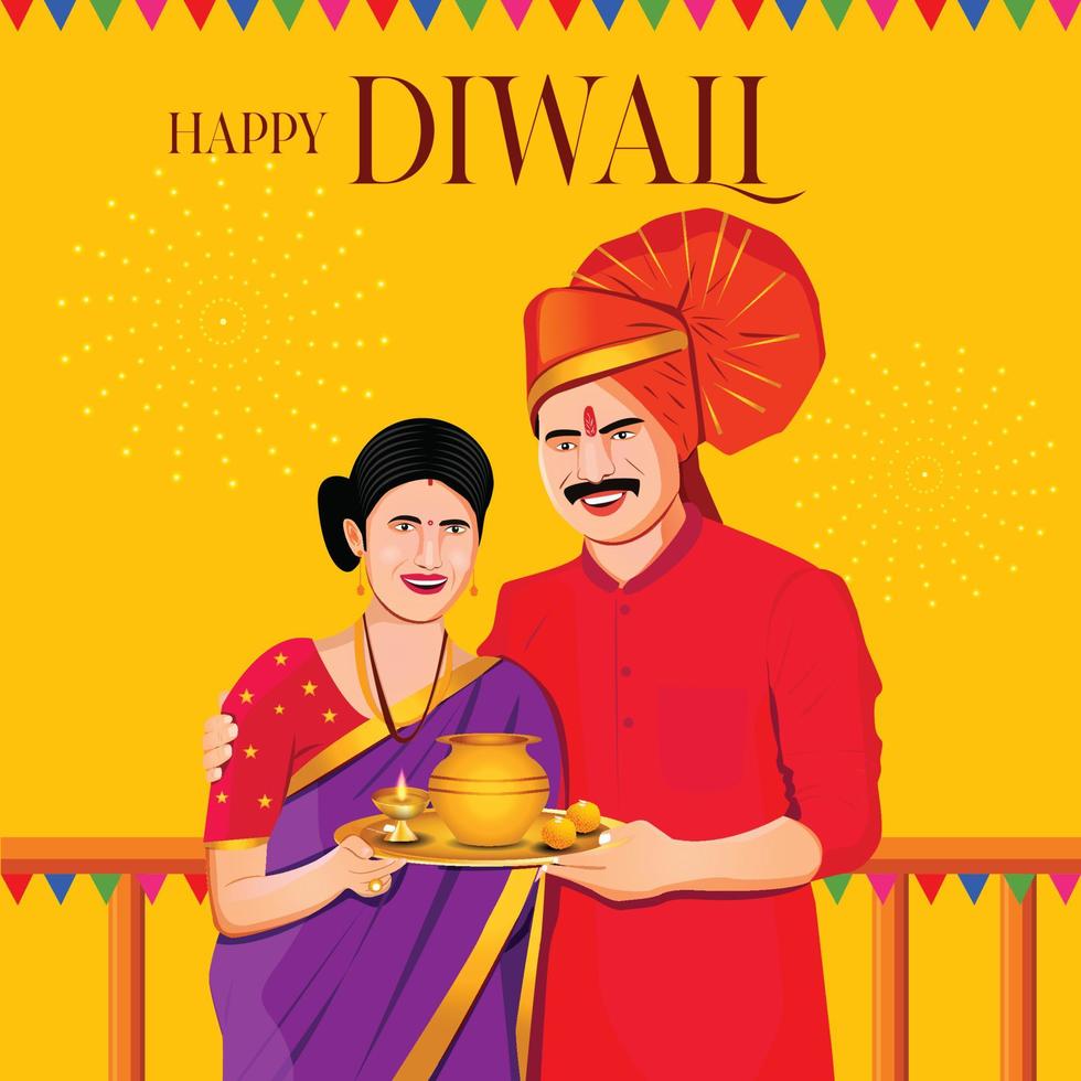 Happy Diwali. Indian festival of lights. Vector abstract flat illustration for the holiday, lights, hands, Indian people, woman and other objects for background or poster.