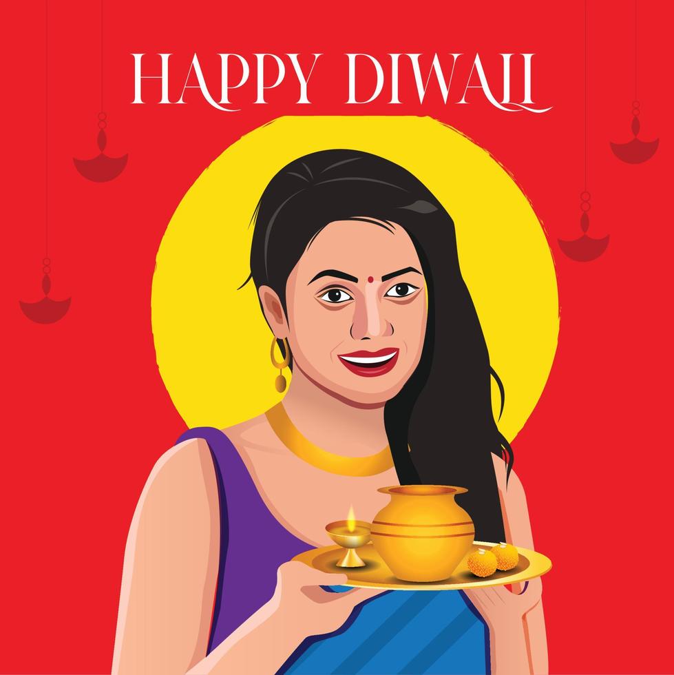 Happy Diwali. Indian festival of lights. Vector abstract flat illustration for the holiday, lights, hands, Indian people, woman and other objects for background or poster.