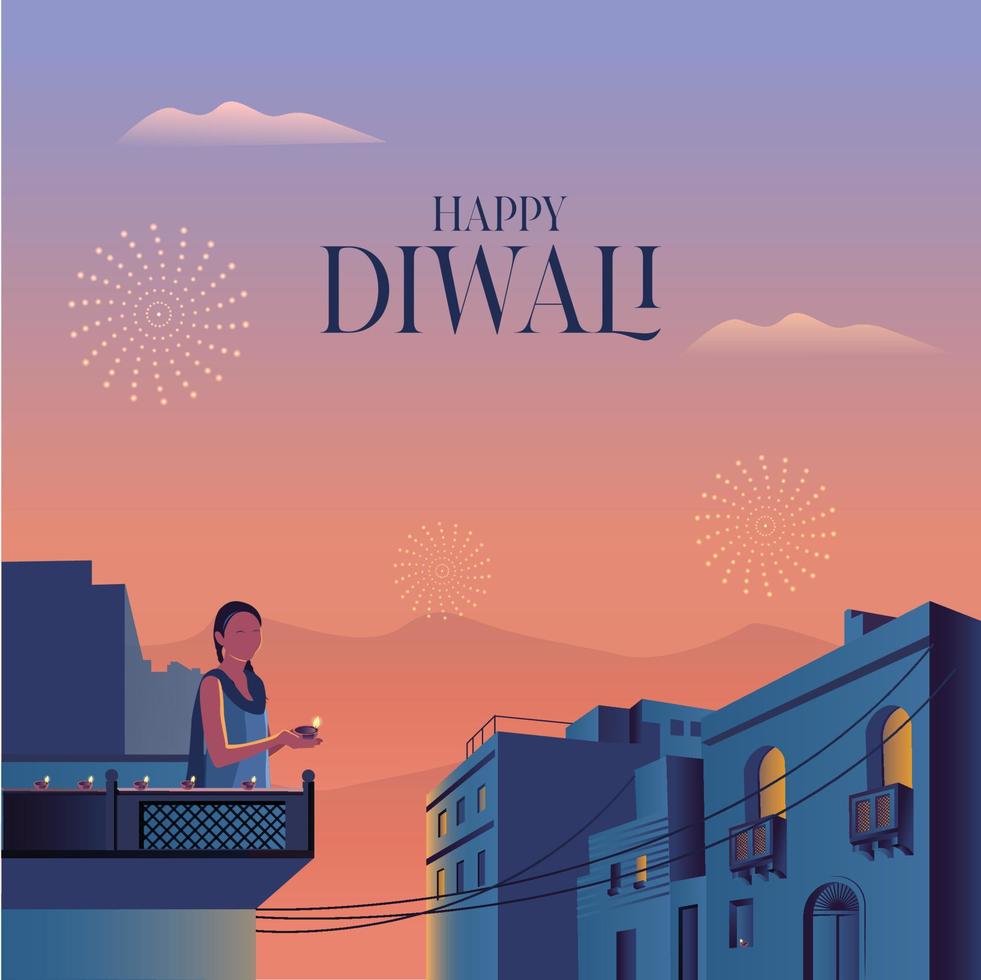 Happy Diwali. Indian festival of lights. Vector abstract flat illustration for the holiday, lights, hands, Indian people, woman and other objects for background or poster.