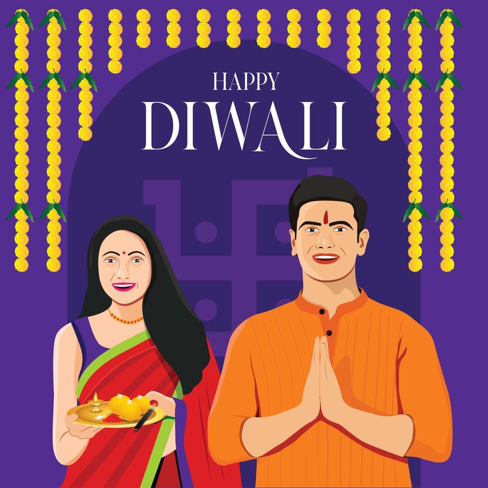 Happy Diwali. Indian festival of lights. Vector abstract flat illustration for the holiday, lights, hands, Indian people, woman and other objects for background or poster.