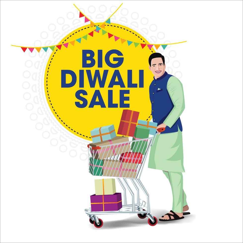 Happy Diwali. Indian festival of lights. Vector abstract flat illustration for the holiday, lights, hands, Indian people, woman and other objects for background or poster.