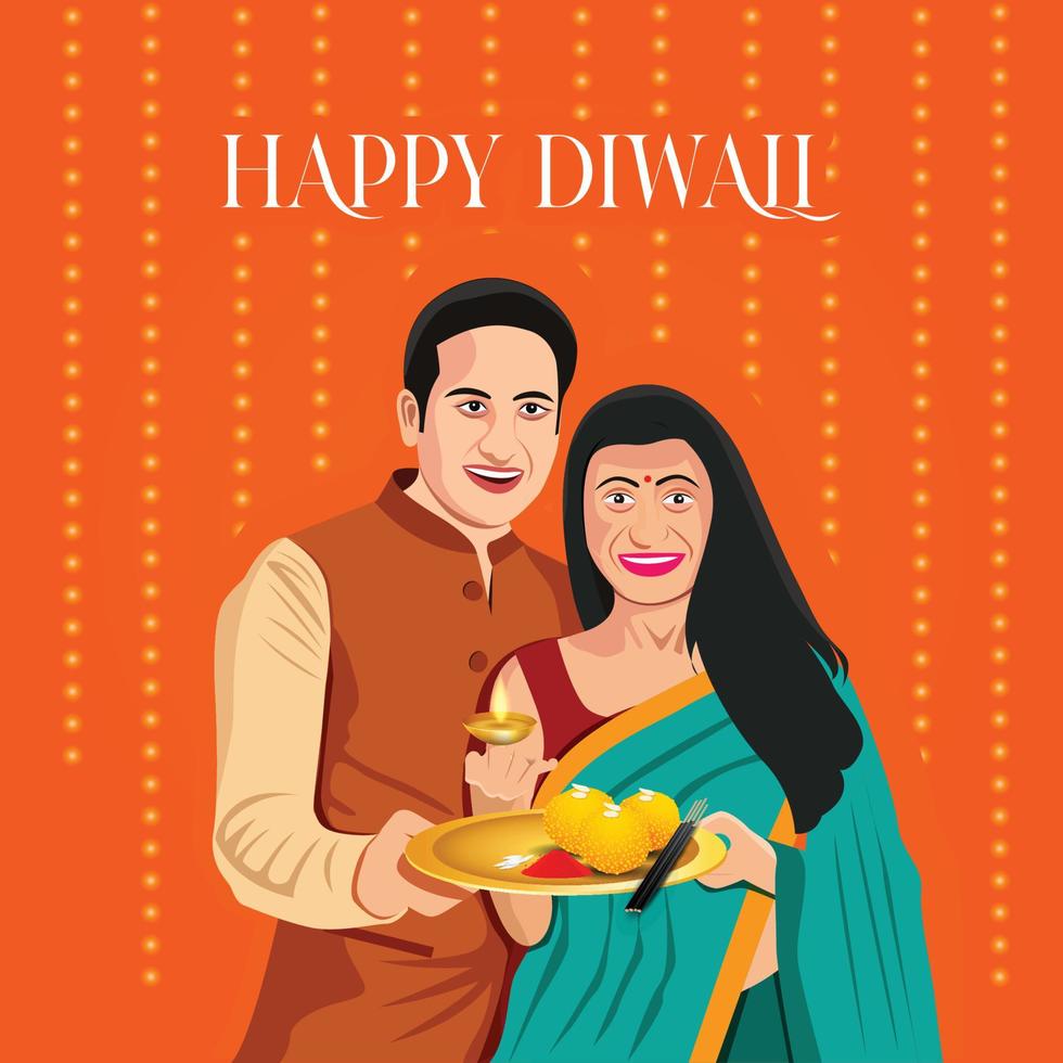 Happy Diwali. Indian festival of lights. Vector abstract flat illustration for the holiday, lights, hands, Indian people, woman and other objects for background or poster.