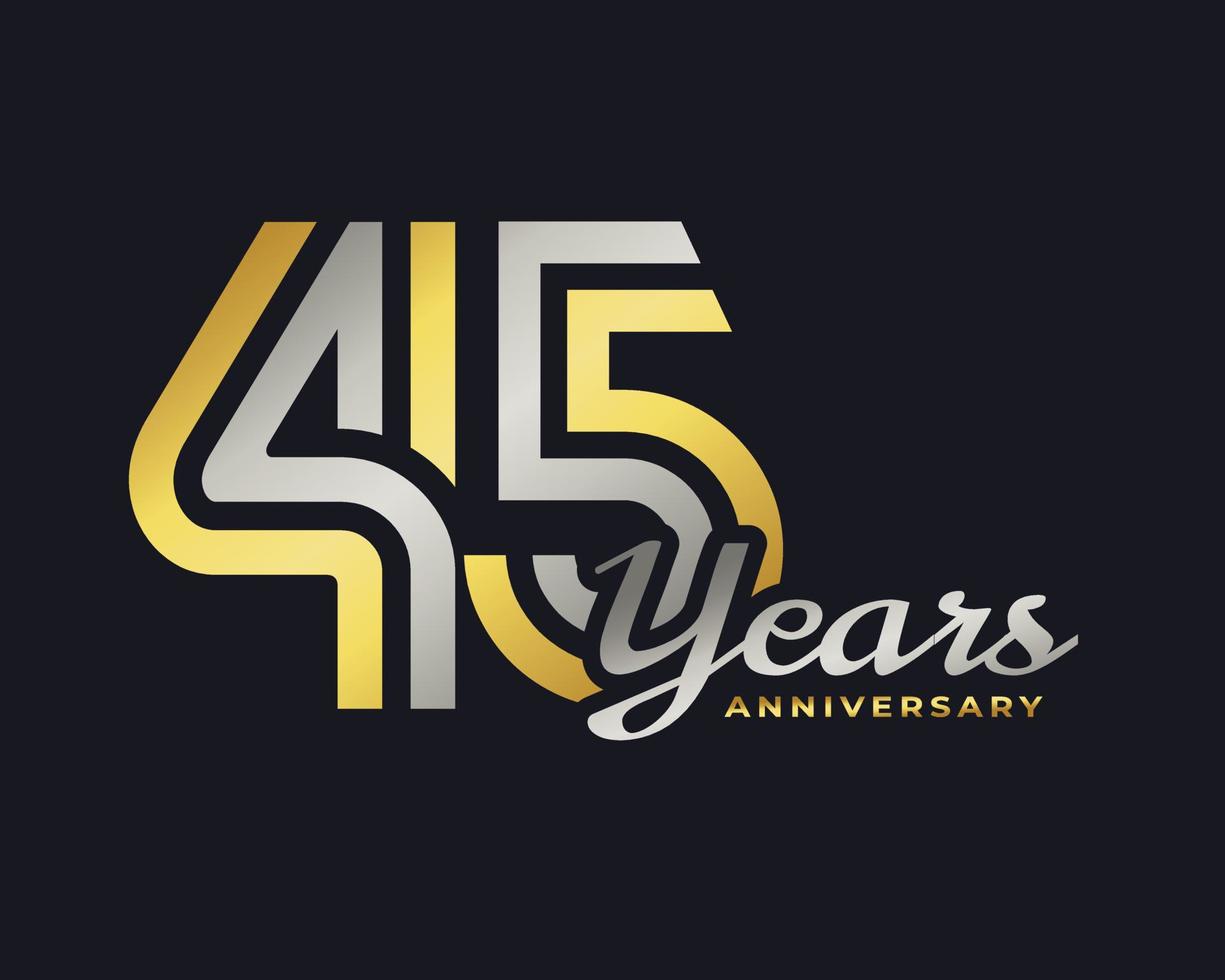 45 Year Anniversary Celebration with Handwriting Silver and Gold Color for Celebration Event, Wedding, Greeting card, and Invitation Isolated on Dark Background vector