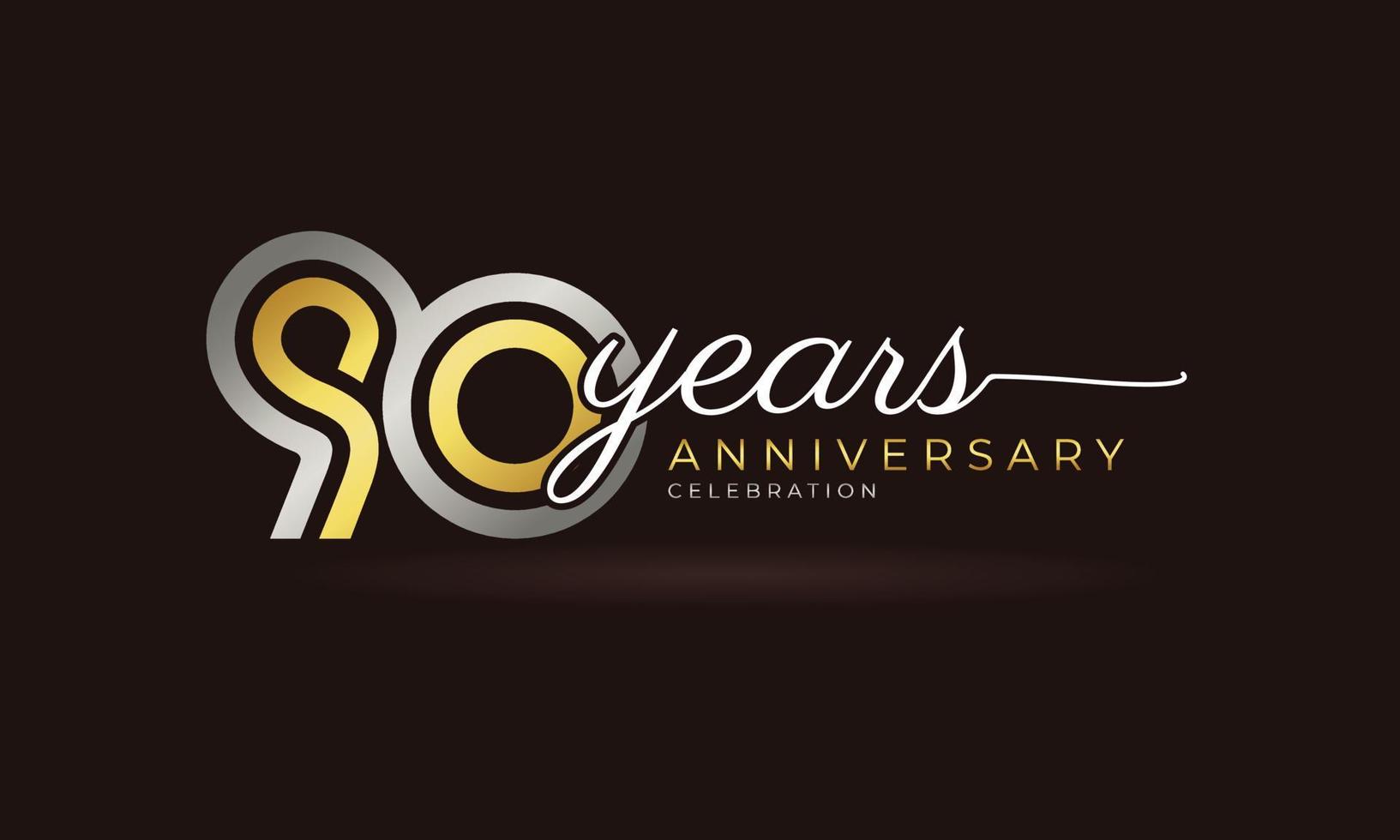 90 Year Anniversary Celebration Logotype with Linked Multiple Line Silver and Golden Color for Celebration Event, Wedding, Greeting Card, and Invitation Isolated on Dark Background vector