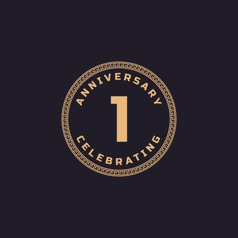 Vintage Retro 1 Year Anniversary Celebration with Circle Border Pattern Emblem. Happy Anniversary Greeting Celebrates Event Isolated on Black Background vector