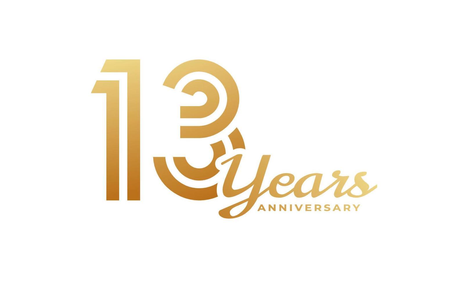 13 Year Anniversary Celebration with Handwriting Golden Color for Celebration Event, Wedding, Greeting card, and Invitation Isolated on White Background vector