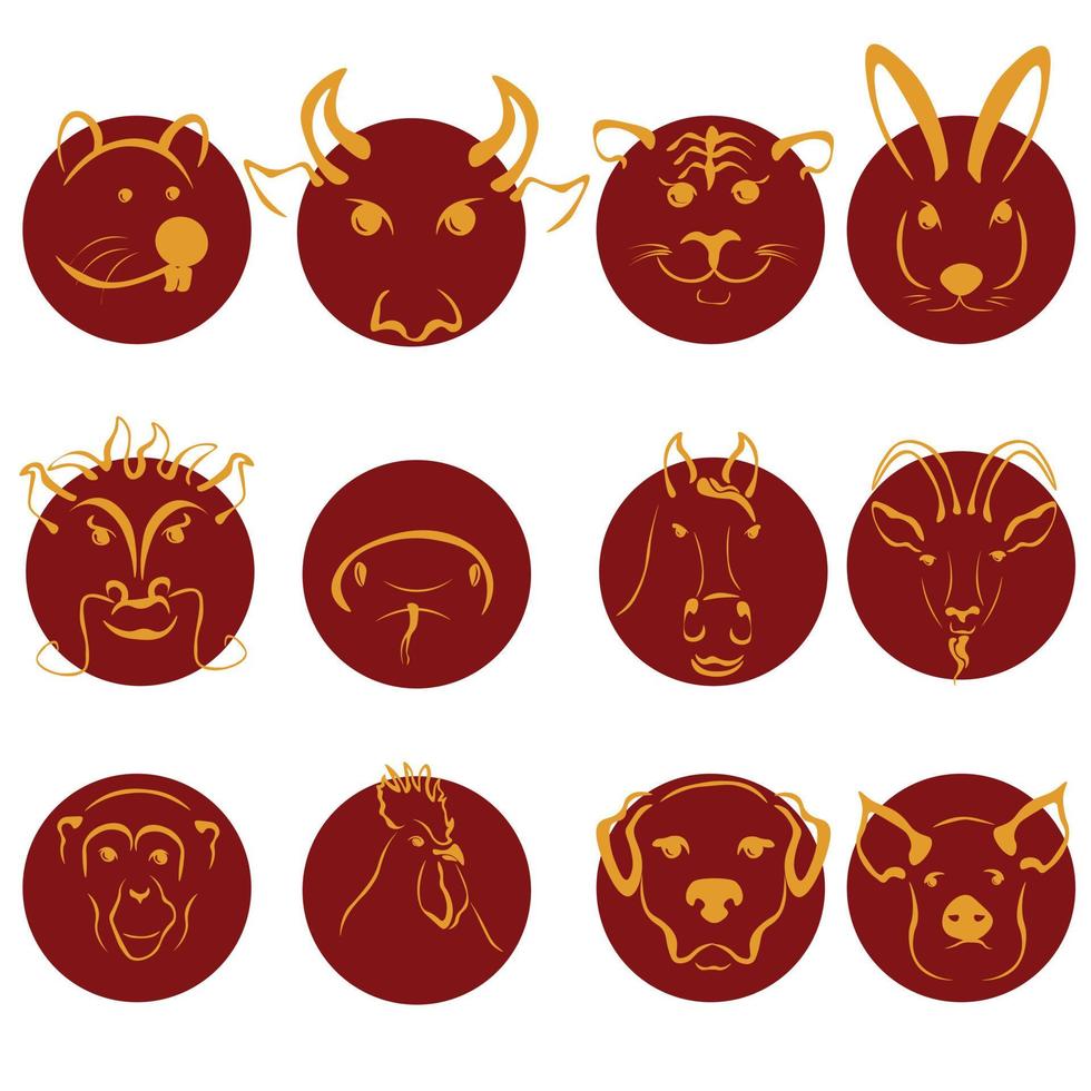 Chinese horoscope zodiac signs set, yellow animal silhouettes on red circles vector