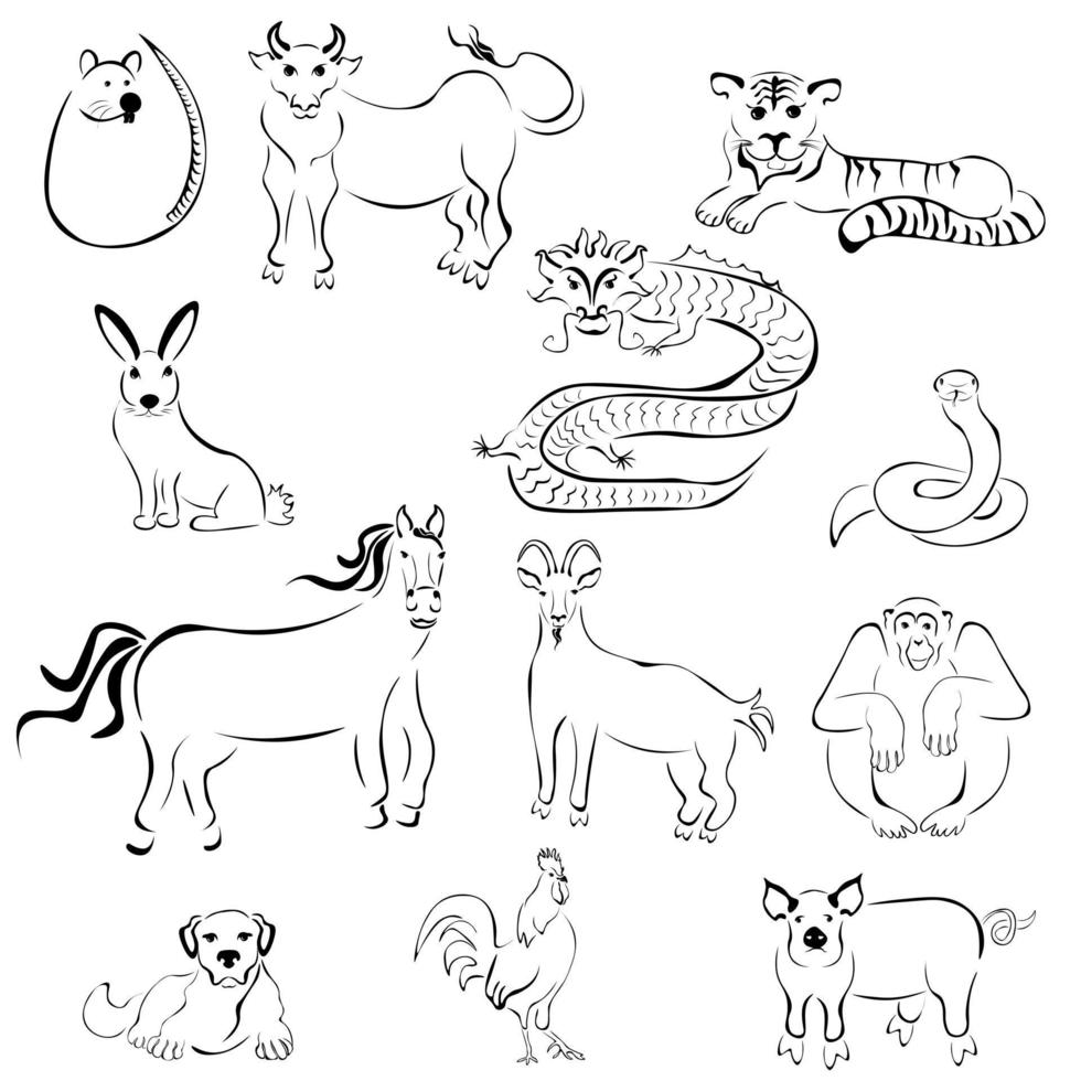 conjunto de siluetas estilizadas de símbolos animales del horóscopo chino, signos animales del zodíaco para el diseño vector