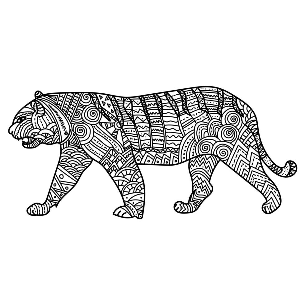 Animal symbol of the eastern horoscope tiger with ornate patterns, meditative animalistic page coloring book vector