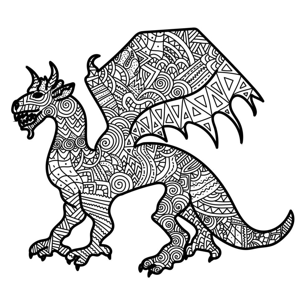 Eastern horoscope animal symbol dragon with ornate patterns, meditative animalistic page coloring book vector