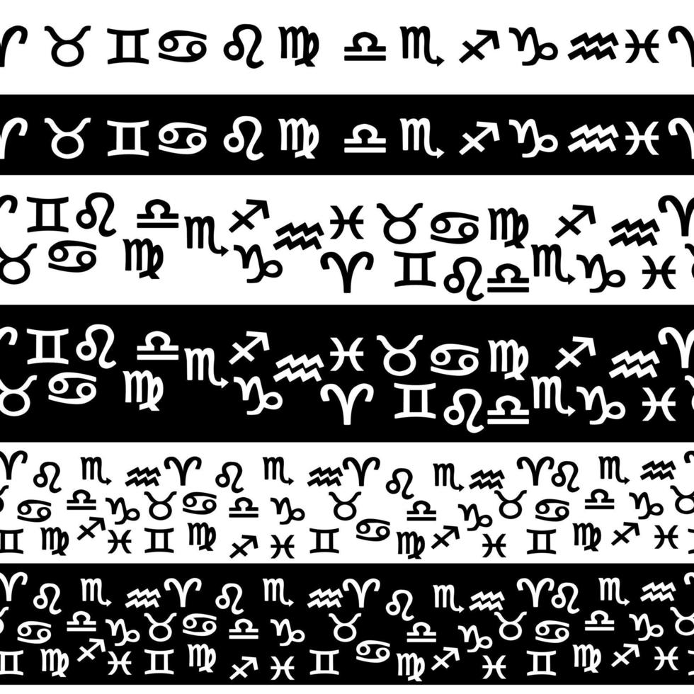 conjunto de bordes horizontales con signos del zodiaco, siluetas de signos del horóscopo en forma de marcos para el diseño vector