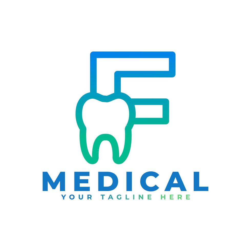 Dental Clinic Logo. Blue Linear Shape Letter F Linked with Tooth Symbol inside. Usable for Dentist, Dental Care and Medical Logos. Flat Vector Logo Design Ideas Template Element.
