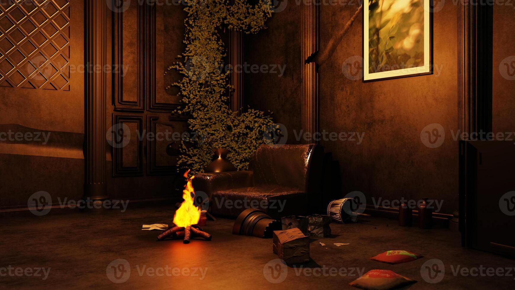 background of dirty abandoned apocalypse classic room with vines plant,3D illustration rendering photo