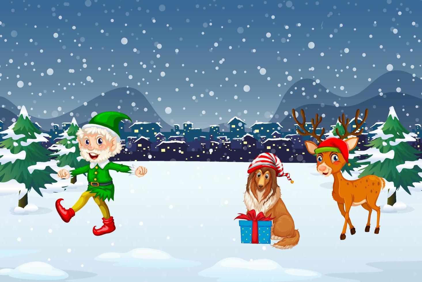 Snowy night scene with Christmas cartoon characters vector