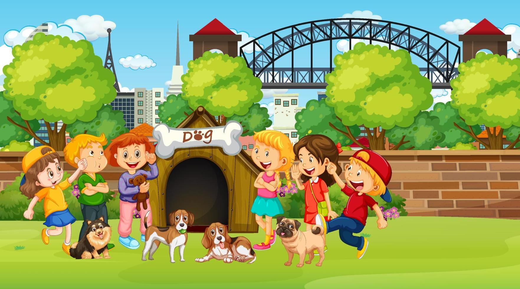 Escena del parque con niños jugando con sus animales. vector