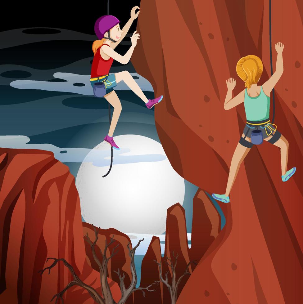 Scene with people climbing rocky moutain vector