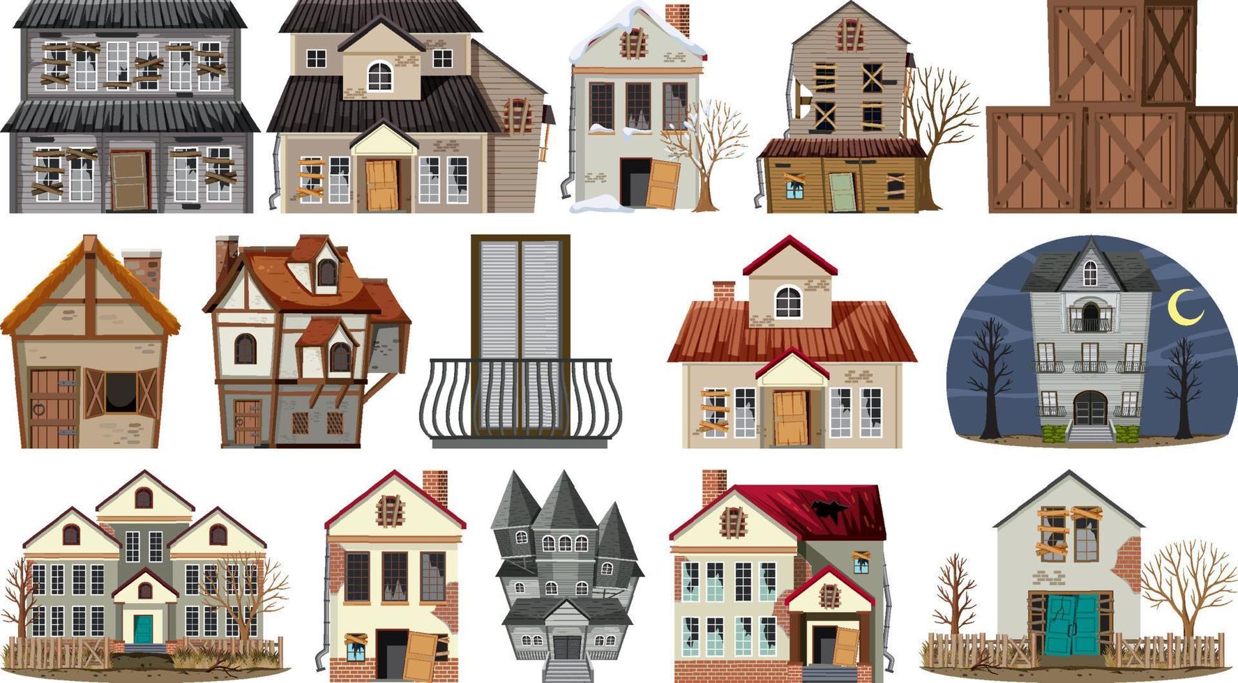 Set of abandoned houses and buildings vector