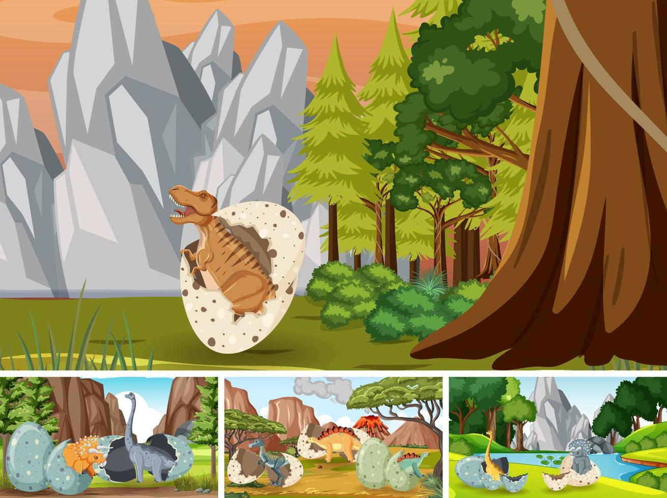 Scenes with dinosaurs hatching vector
