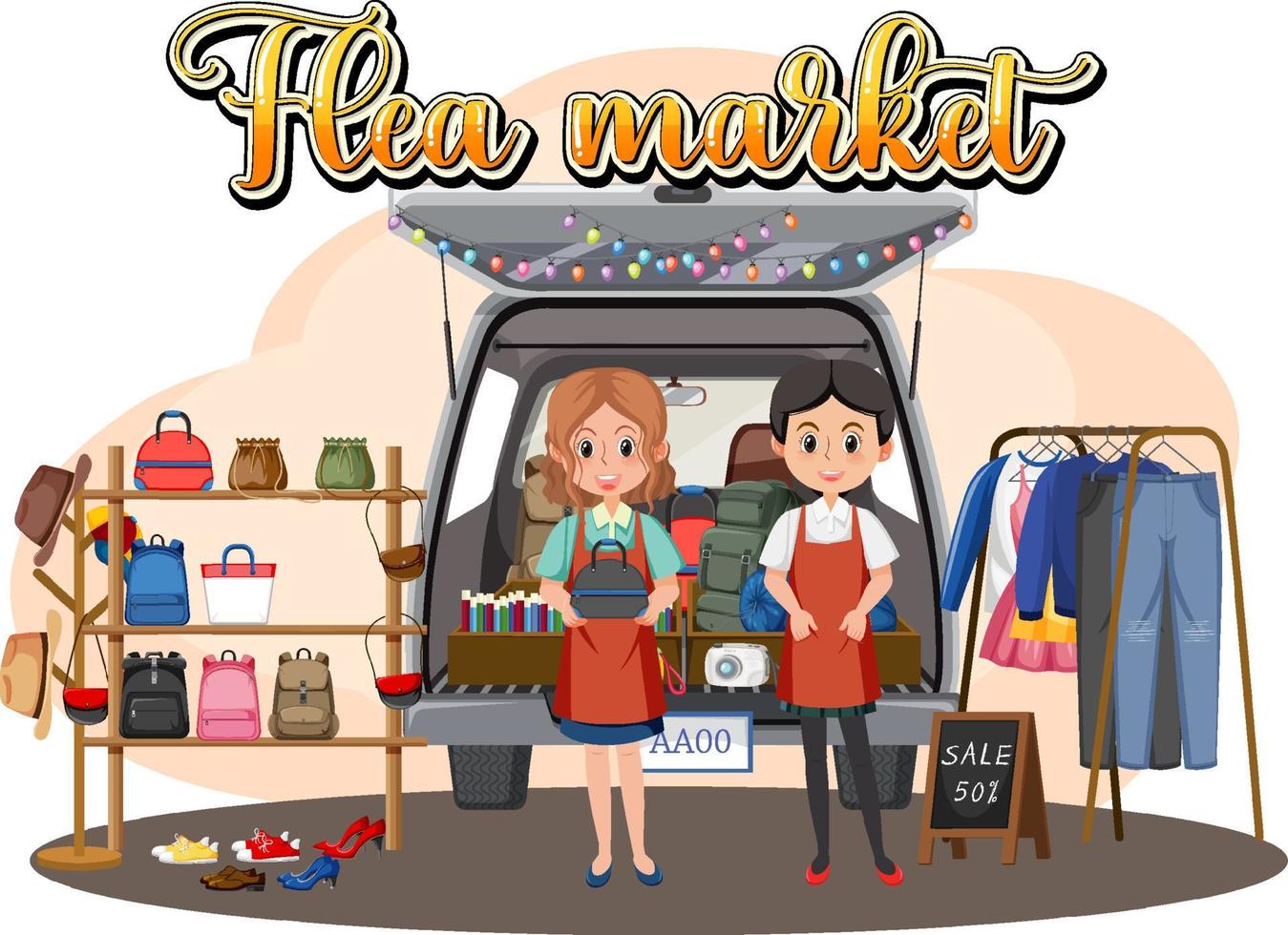 Flea market concept with cartoon character vector