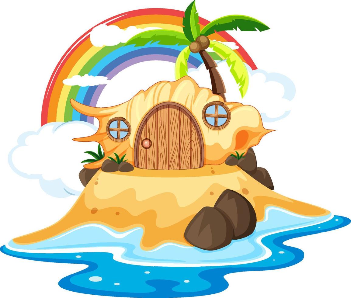 Shell house on island in cartoon style vector