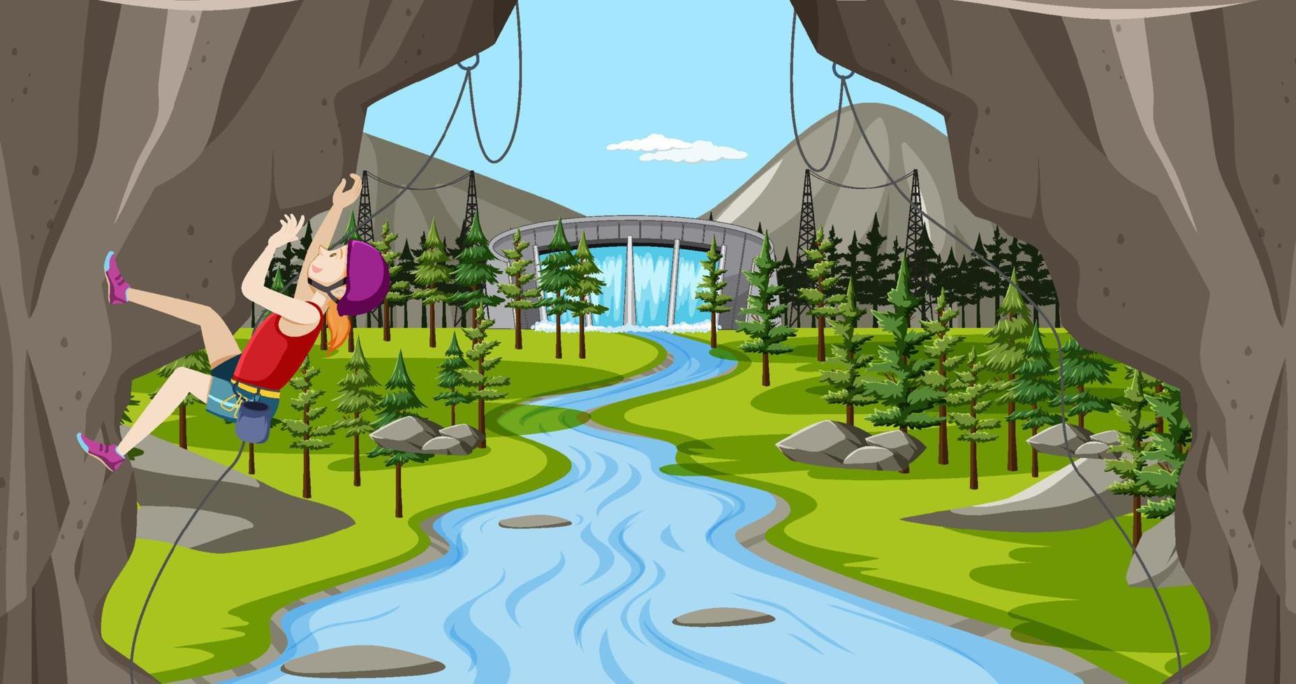 Rock climbing scene with woman by the river vector