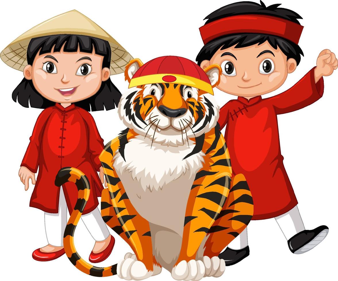 Chinese boy and girl in red costume with tiger vector
