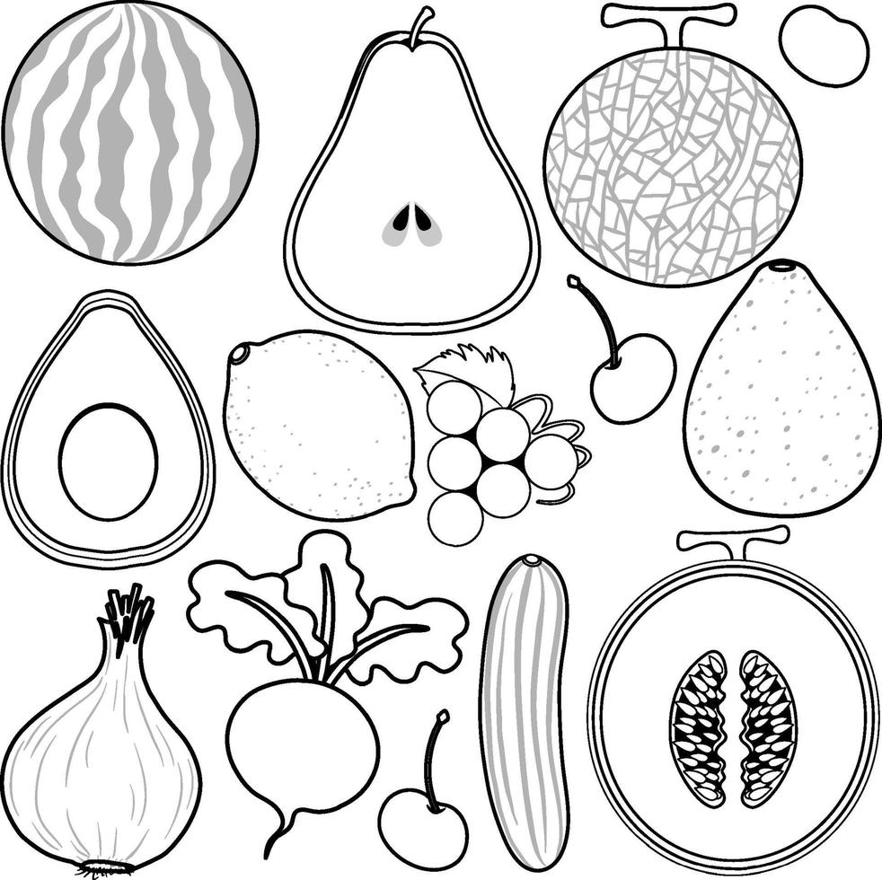 fruits andvegetables doodle outline vector