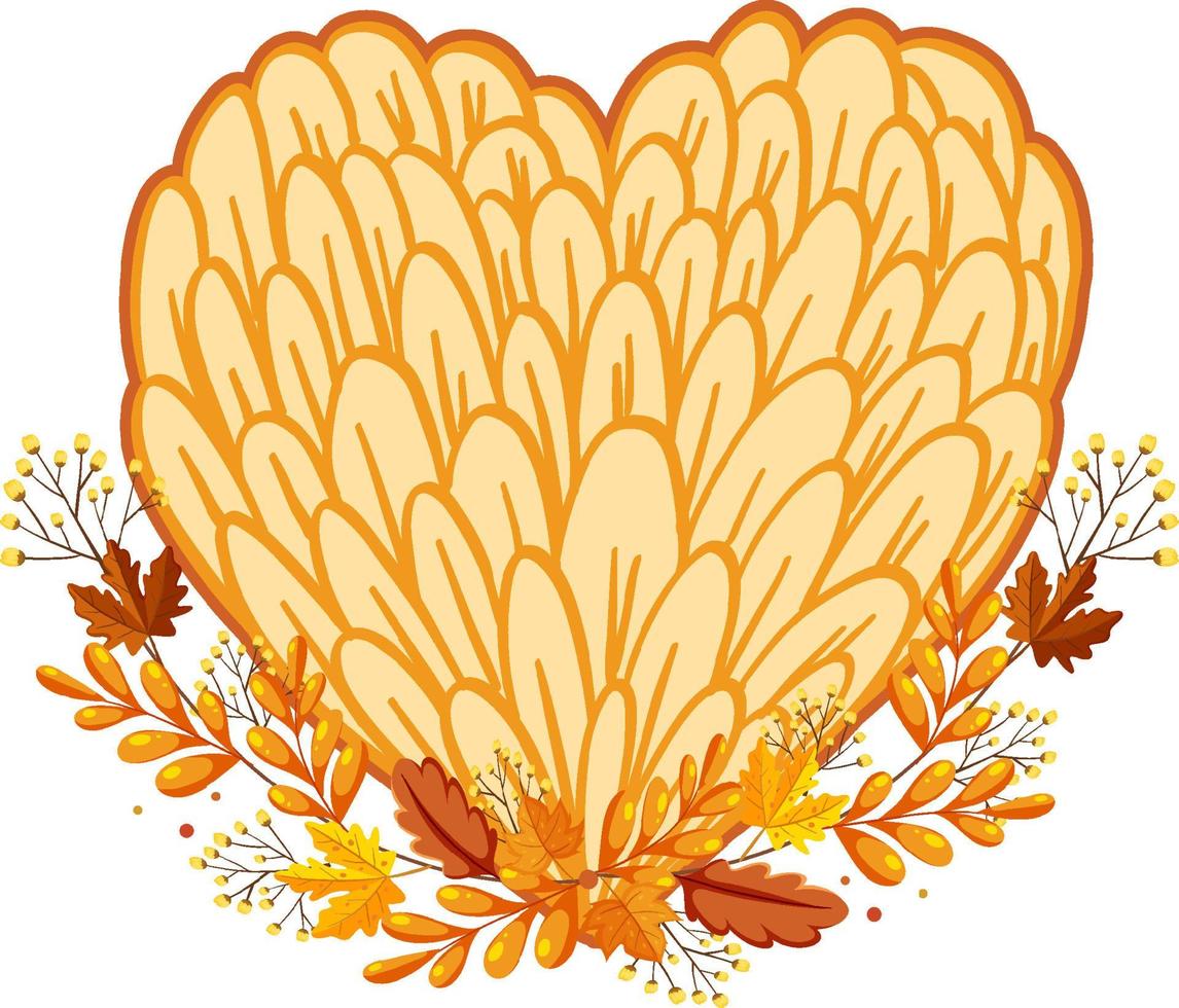 pétalos de flores amarillas formando un corazón con adornos de hojas de otoño vector