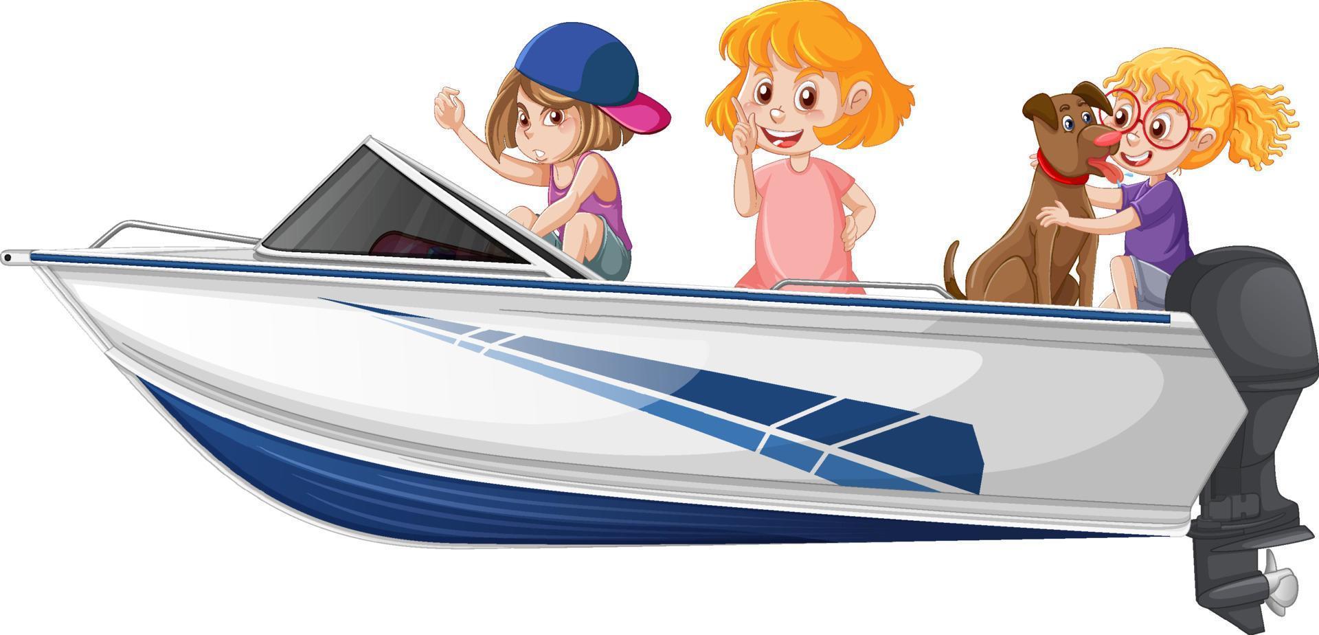 Boy and girl sitting on a speed boat on a white background vector
