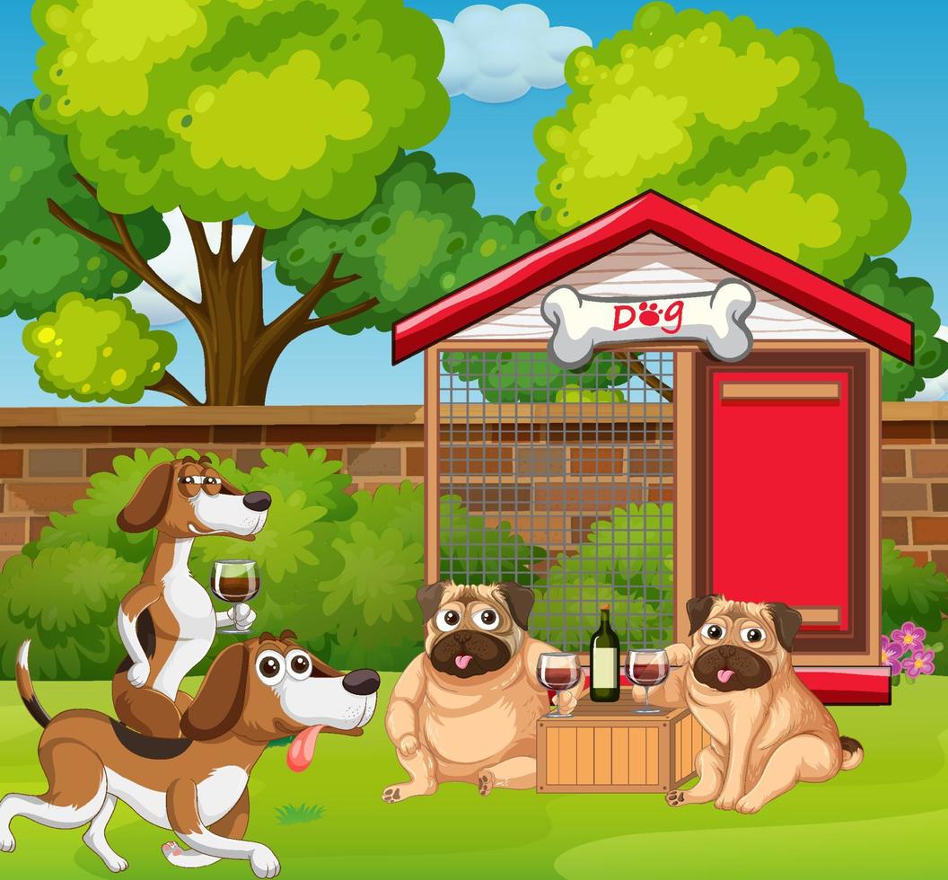 Four dogs drinking outside in park vector