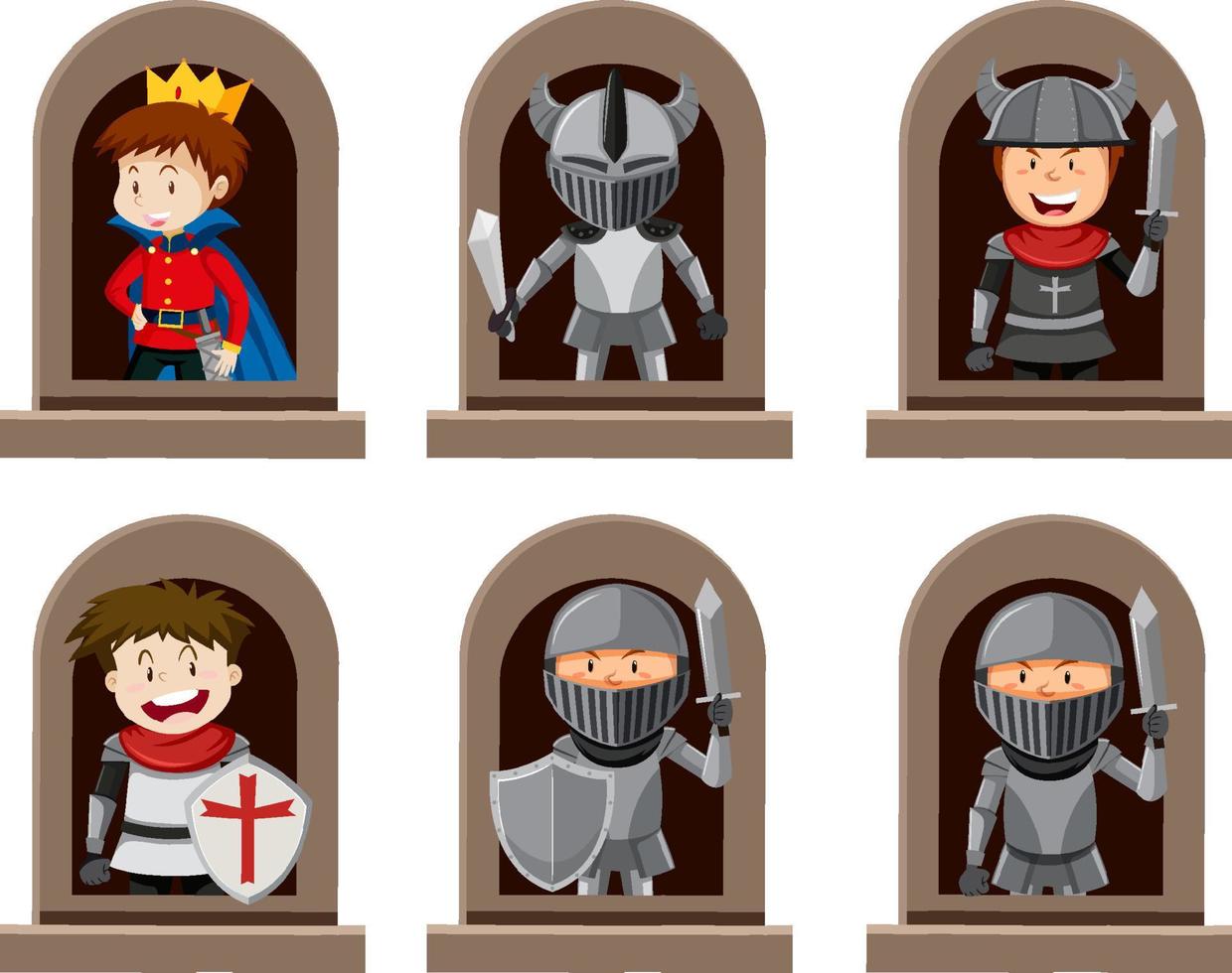 A set of Fantasy knight character by the window on white background vector