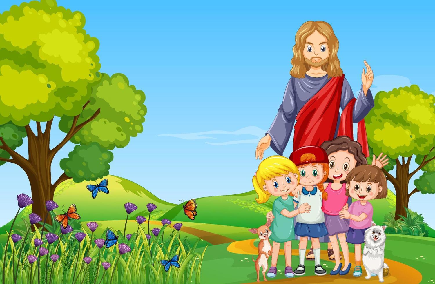 Jesus and children at the park vector