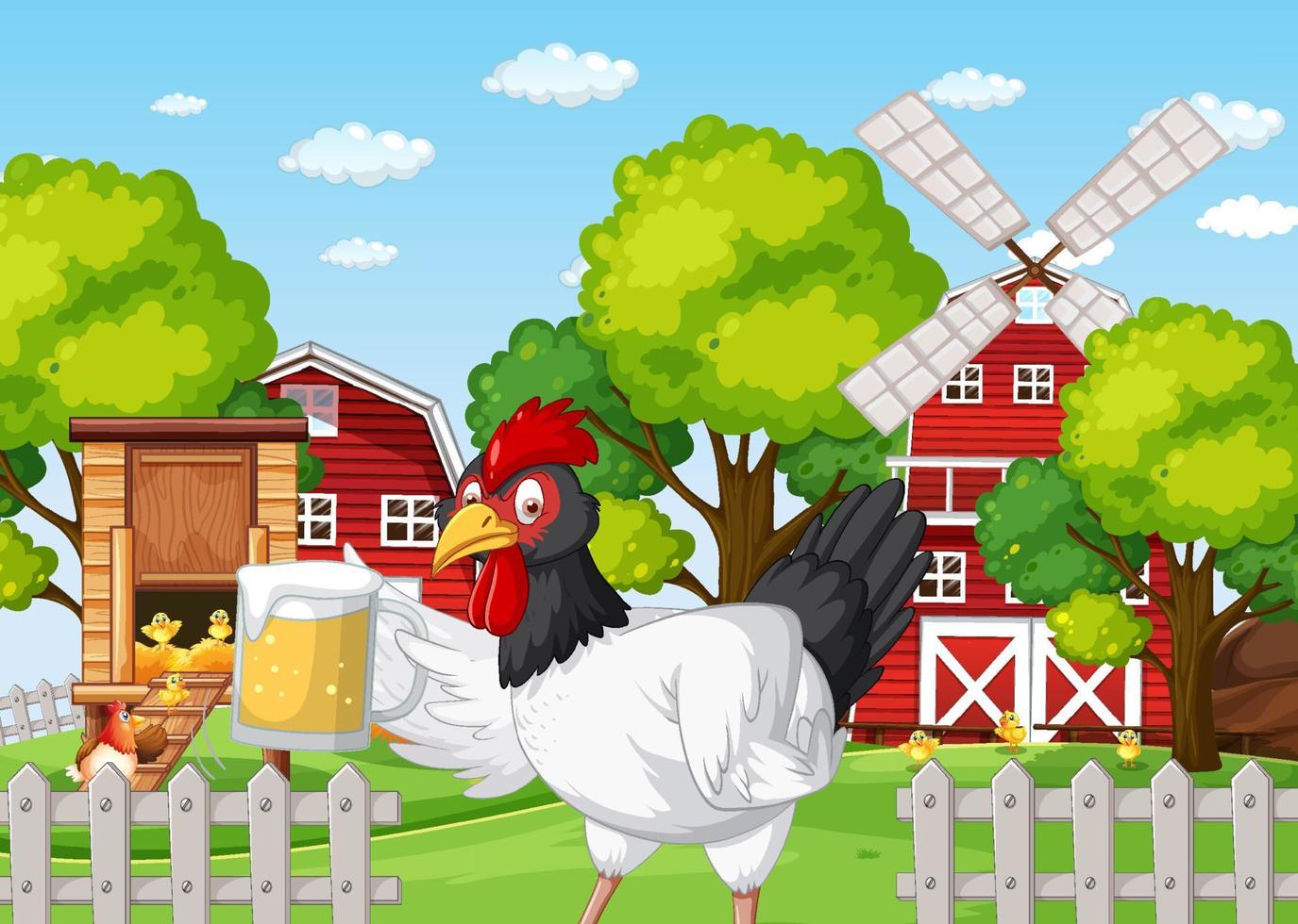 Farm scene with a chicken holding a glass of beer vector