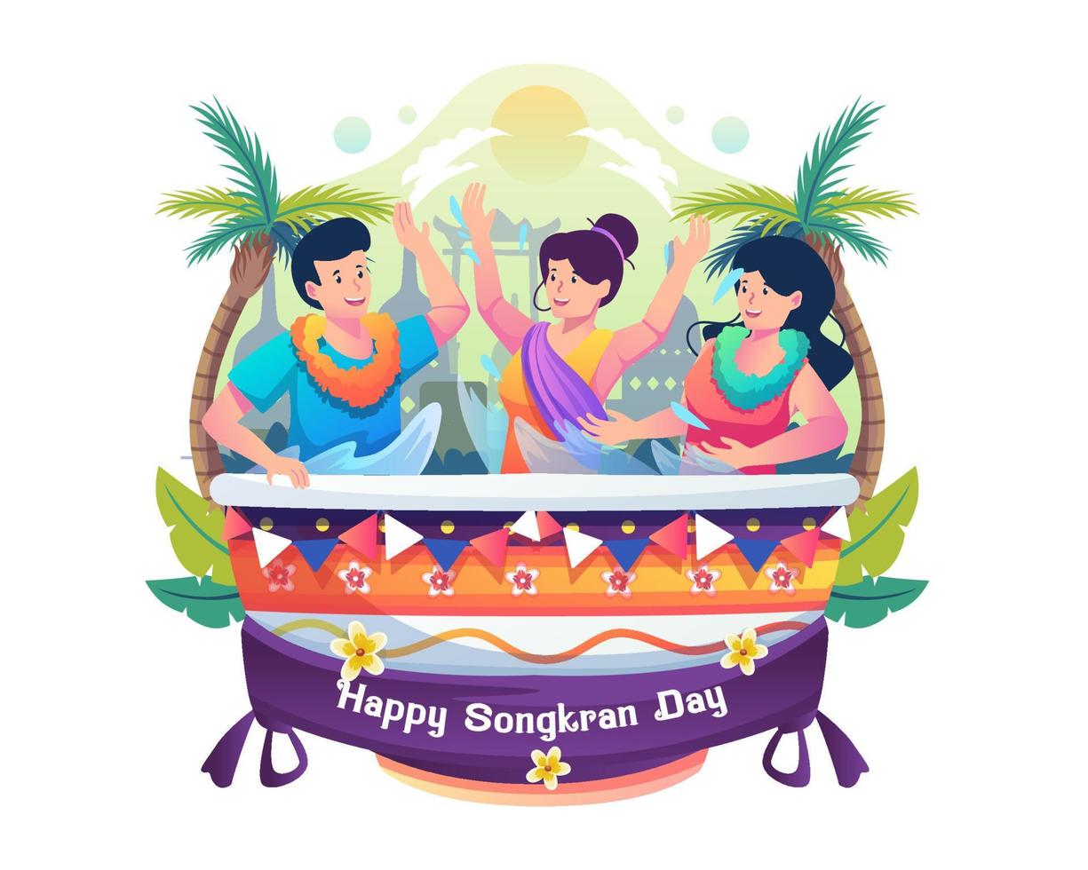 gente en un tazón grande salpicando agua unos a otros para celebrar el festival songkran. año nuevo tradicional de tailandia. ilustración vectorial de estilo plano vector