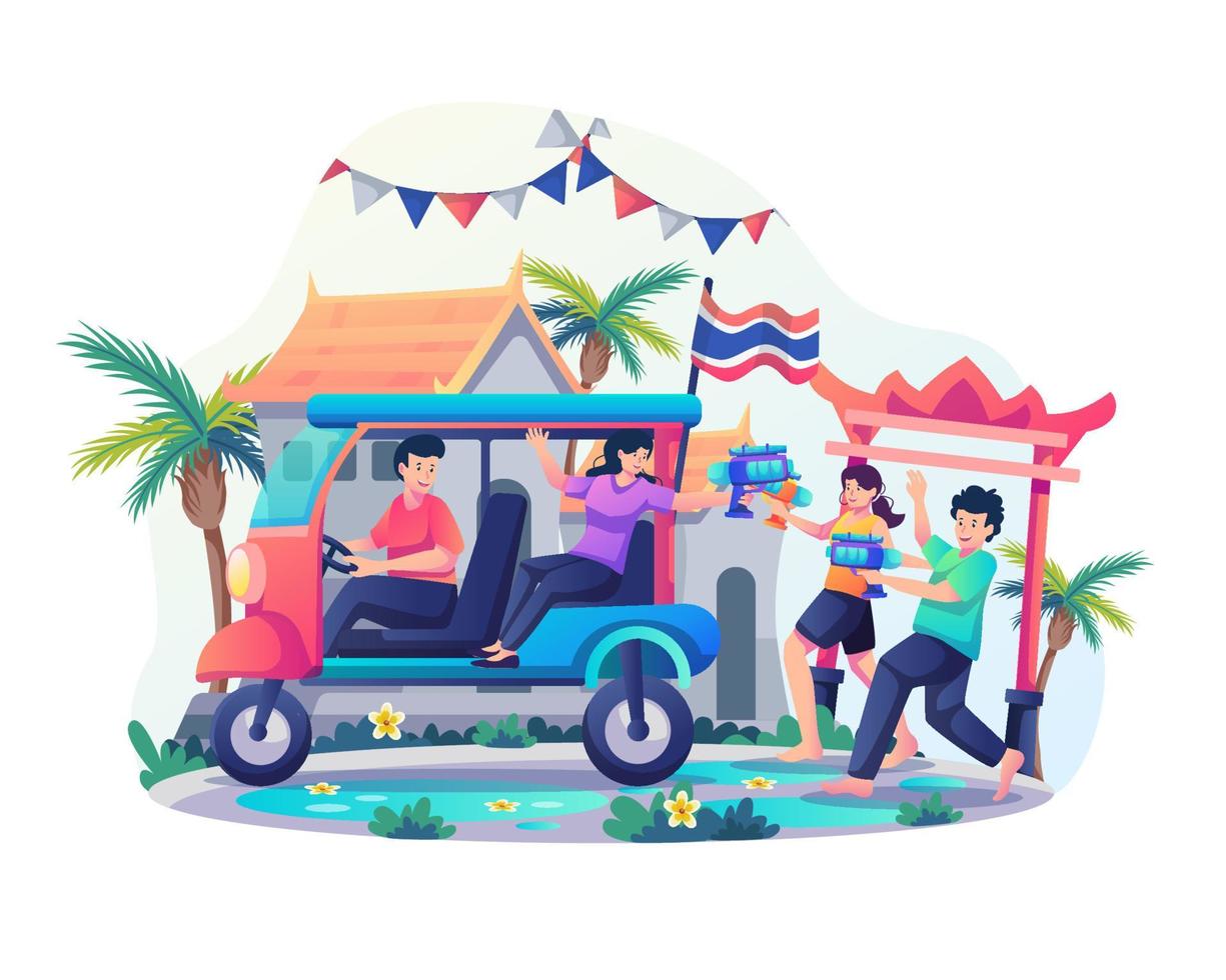 la gente se divierte el día de songkran jugando con pistolas de agua mientras persigue autos. feliz día del festival songkran. ilustración vectorial de estilo plano vector